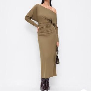🟤NWT CIDER Asymmetrical Ruched Top & Maxi Skirt Set in Dark Khaki (almost olive)